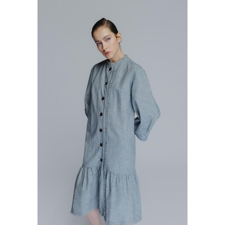 Midi cotton denim dress in striped blue