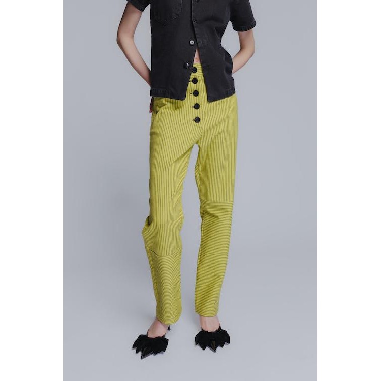 Classic mom cotton denim pants in striped yellow