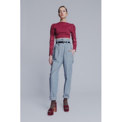 Double waist cotton denim pants in striped blue