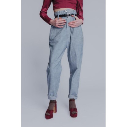 Double waist cotton denim pants in striped blue