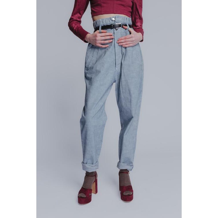 Double waist cotton denim pants in striped blue