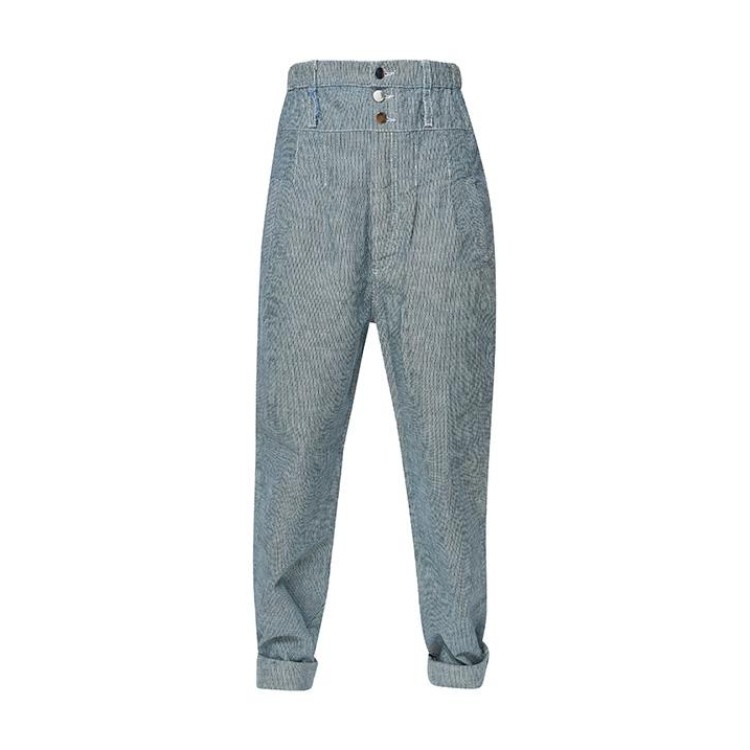 Double waist cotton denim pants in striped blue