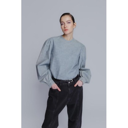 Long sleeves backless denim top in striped blue