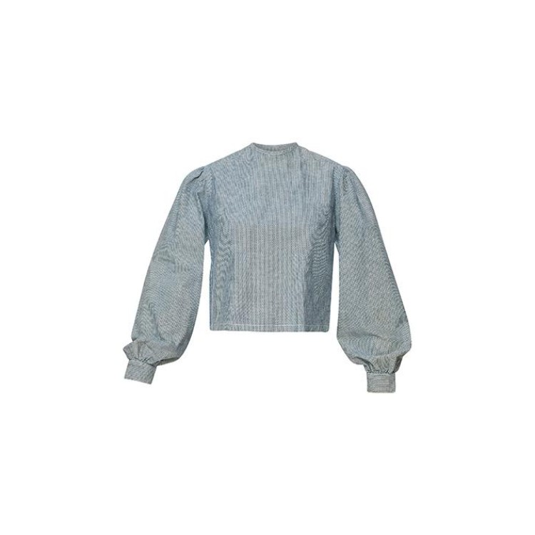 Long sleeves backless denim top in striped blue