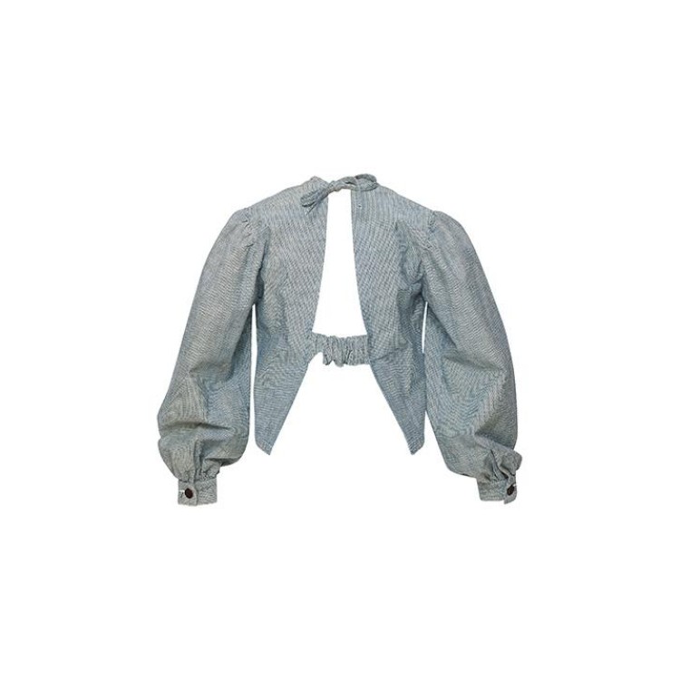 Long sleeves backless denim top in striped blue